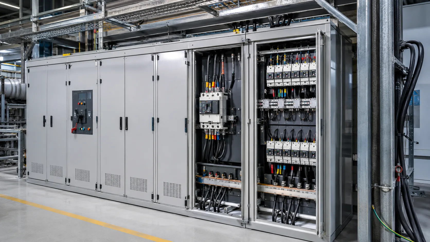 open power distribution cabinet showing neat wiring and breakers for cable extruder installation at uet machine china